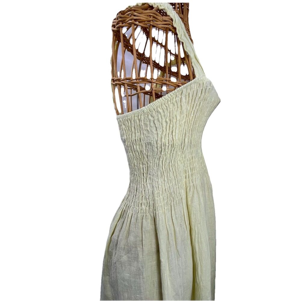 Made in Italy Linen Midi Dress Women Yellow Smocked Boho Sundress Size M - Picture 12 of 16